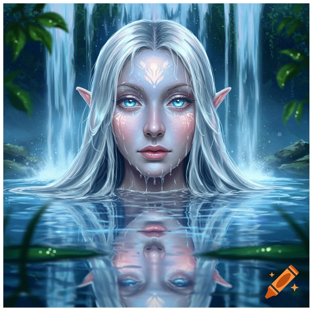 Fantasy portrait of an elf-like woman with white hair and glowing blue eyes, emerging from water with a waterfall behind her.