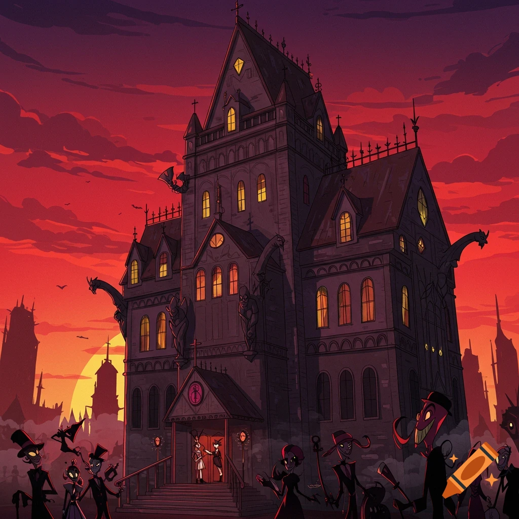 A dark gothic hotel with a stylized logo above the entrance, surrounded by demon-like characters, set against a vibrant red and orange sunset sky in a cartoon style.