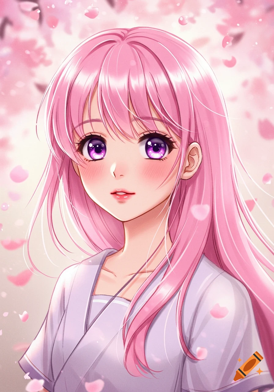 Close-up anime portrait of a girl with long pink hair and purple eyes, surrounded by pink cherry blossom petals.