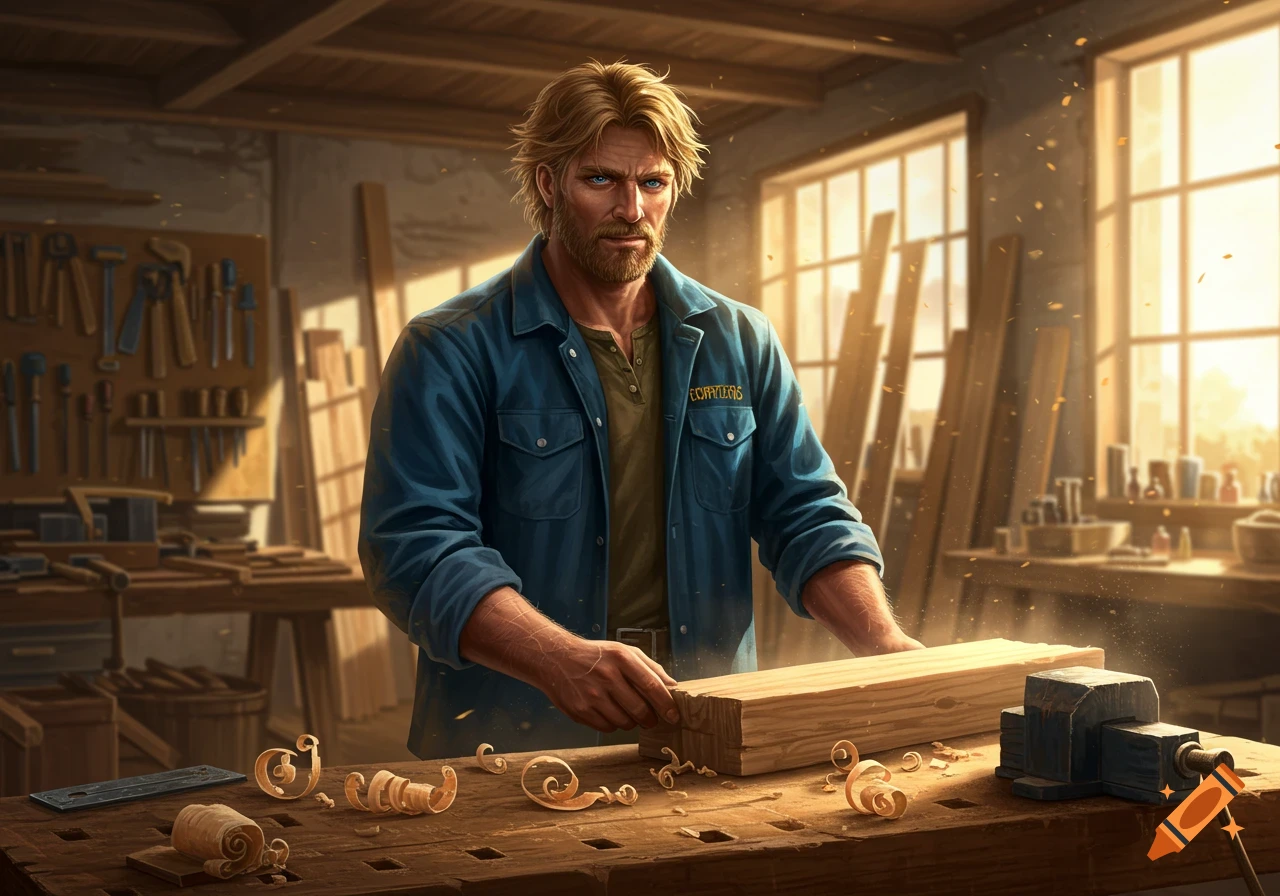 Photorealistic blond carpenter in blue jacket working with wood on a sunlit workbench, wood shavings present.
