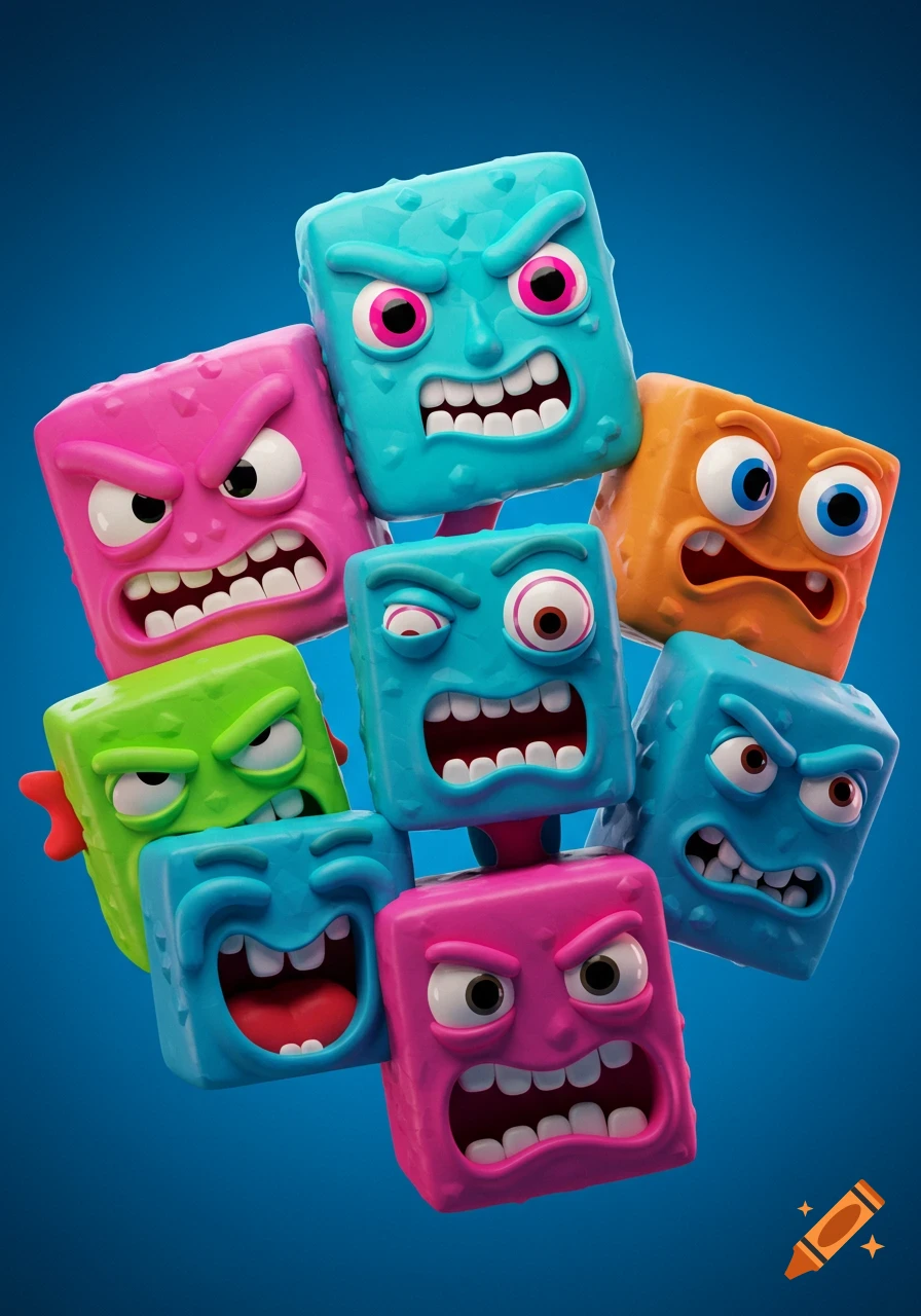 A cluster of colorful, glossy 3D geometric monster faces with angry, scared, and silly expressions on a blue background.