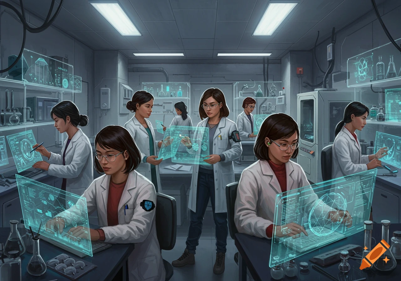 A diverse group of women scientists in lab coats work with glowing holographic screens in a futuristic laboratory.