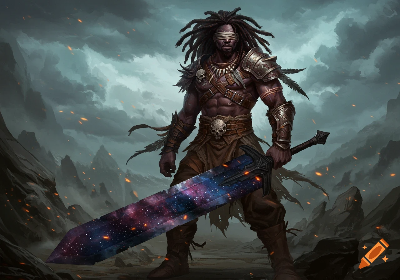 A blindfolded barbarian warrior with dreadlocks holds a cosmic sword in a stormy, fiery landscape, digital fantasy art.