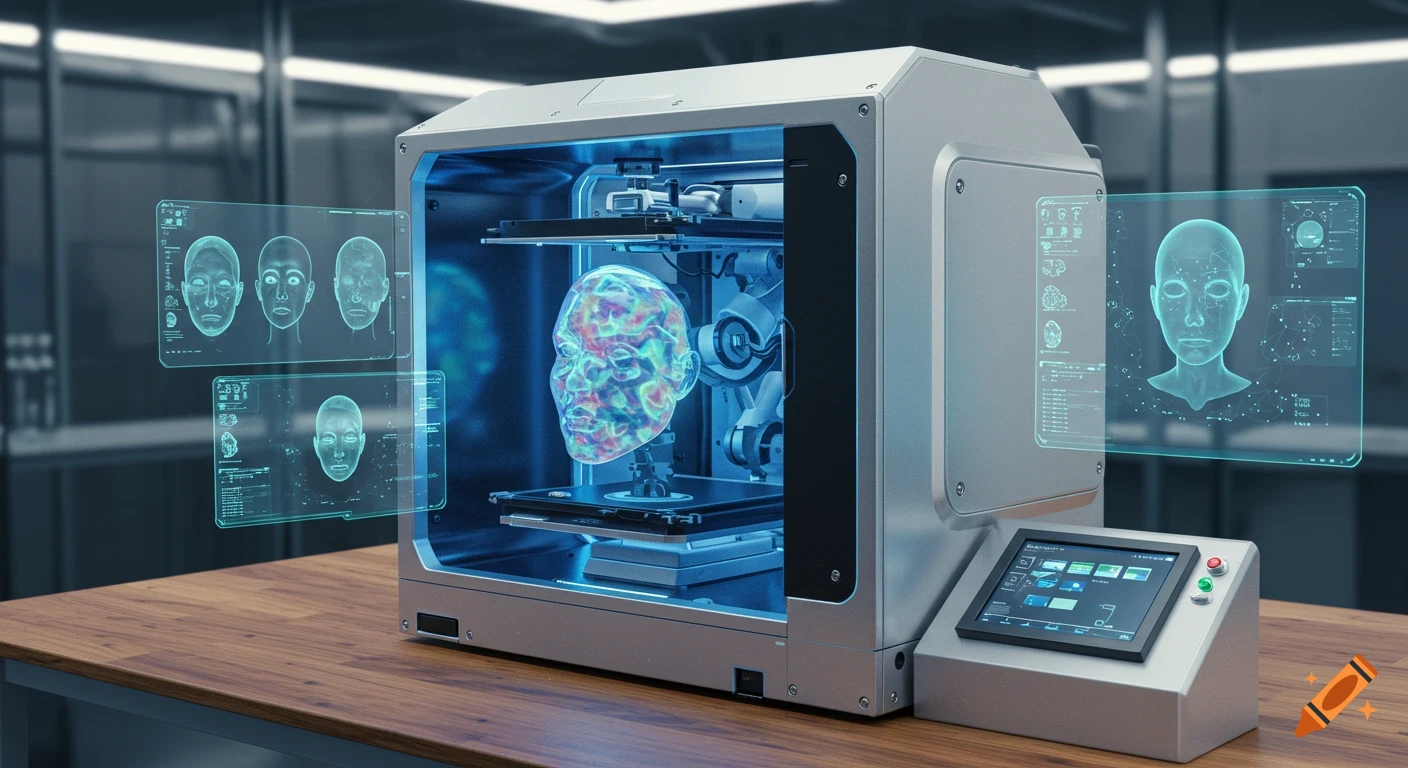 A futuristic bioprinting machine creating a transparent, colorful human head, surrounded by holographic data screens in a laboratory setting.