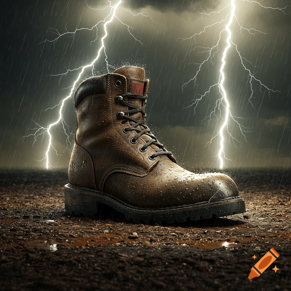 A close-up, photorealistic view of a wet brown leather work boot on muddy ground under a dark, stormy sky with bright lightning strikes and heavy rain.