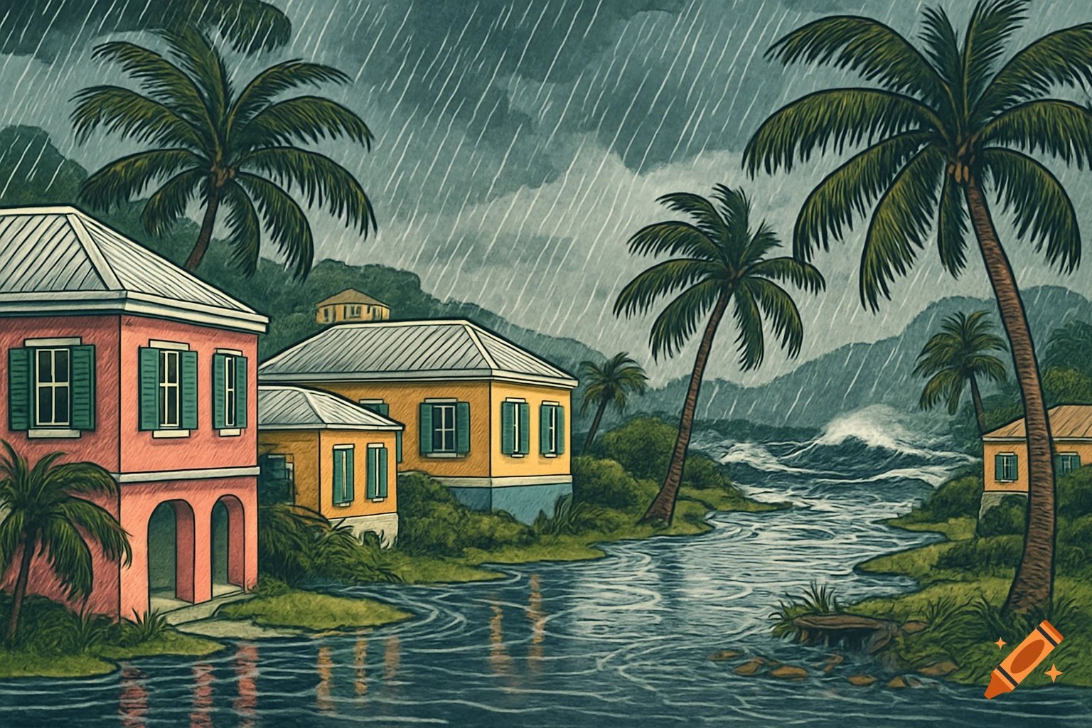 Watercolor illustration of a stormy Caribbean coastal village with colorful houses, palm trees, and turbulent water under a dark, rainy sky.