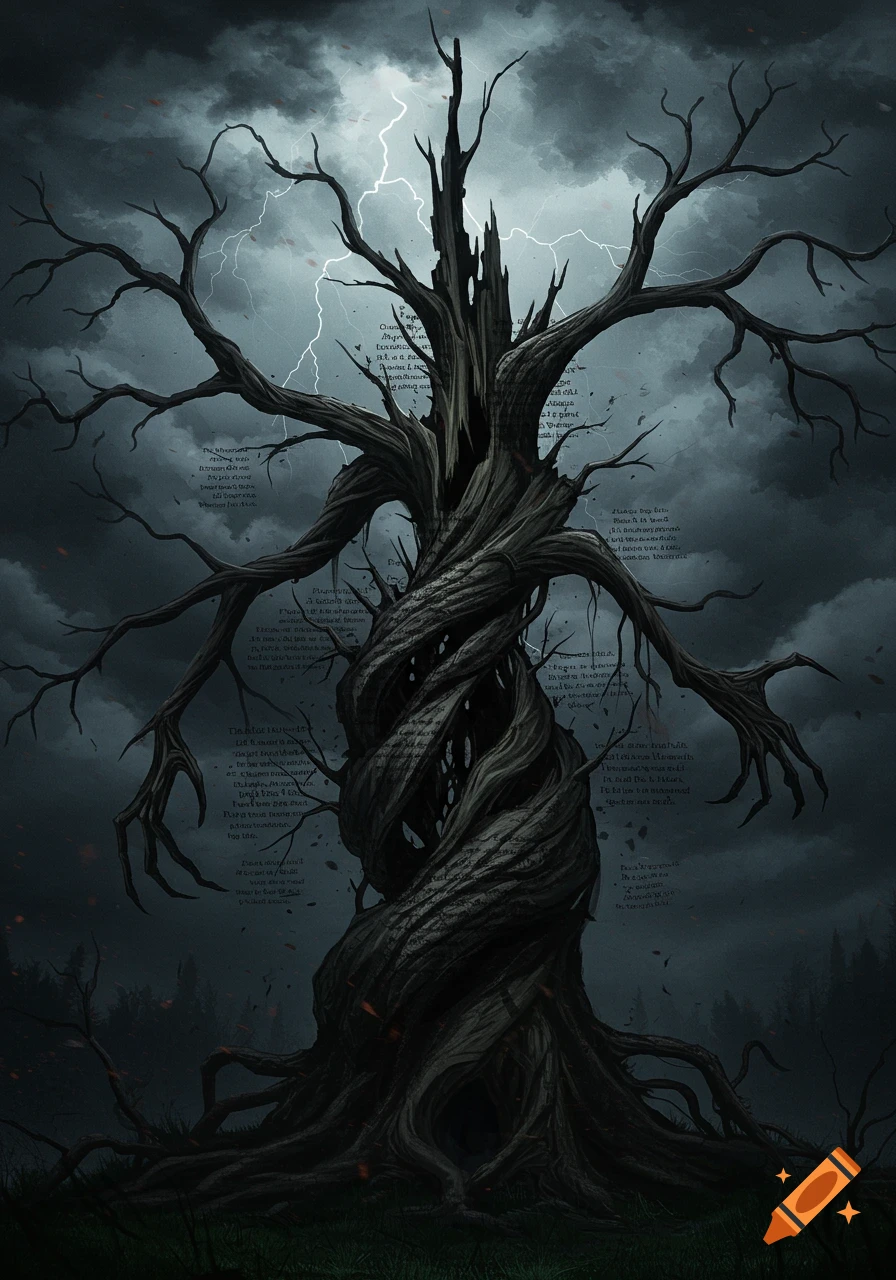 A dark, twisted, skeletal tree with gnarled branches against a stormy, lightning-filled sky. Text patterns are integrated into the tree.