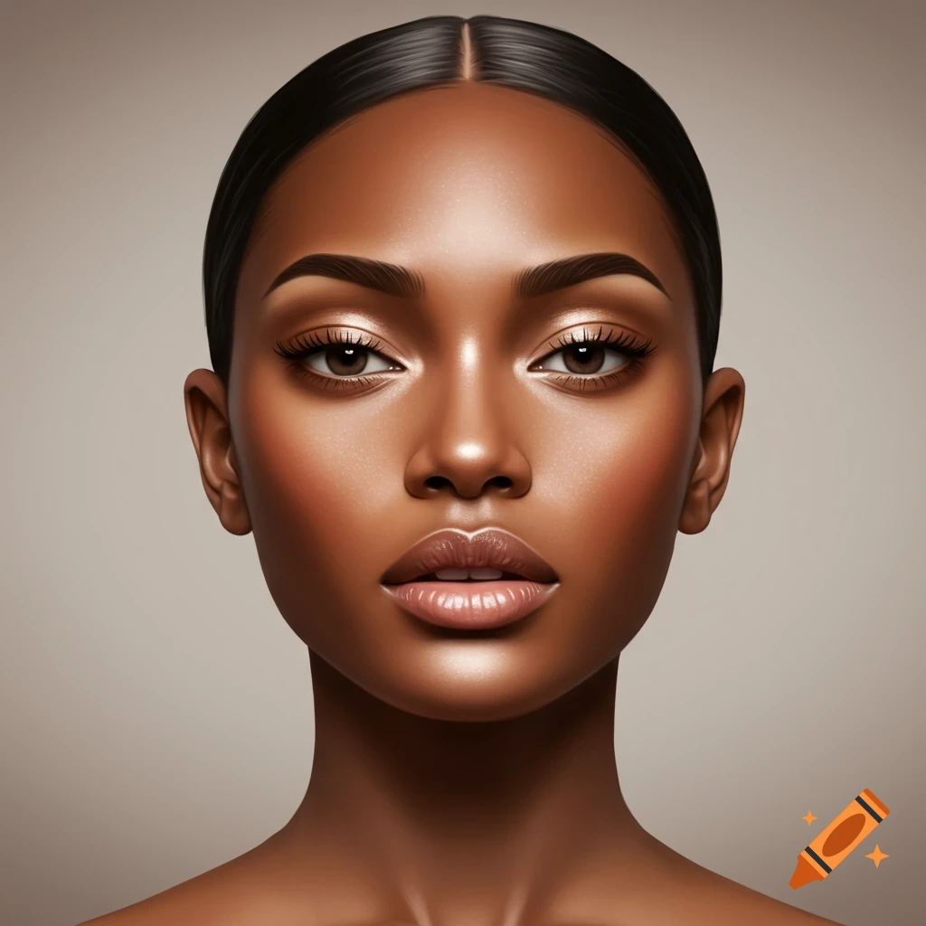 Close-up photorealistic portrait of a woman with dark skin, slicked-back hair, and natural-looking makeup.