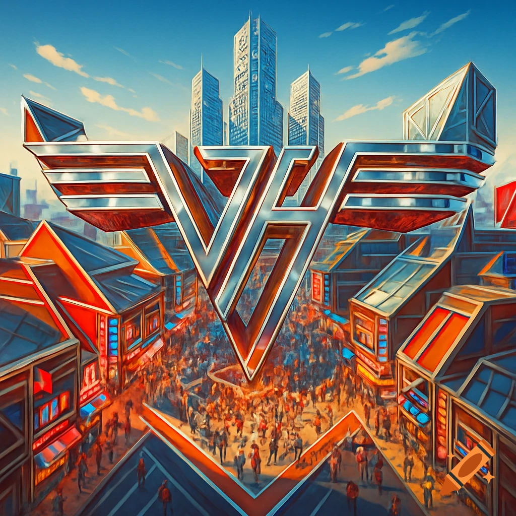 A stylized cityscape where a large, metallic 'VH' logo forms buildings above a bustling street with modern skyscrapers.