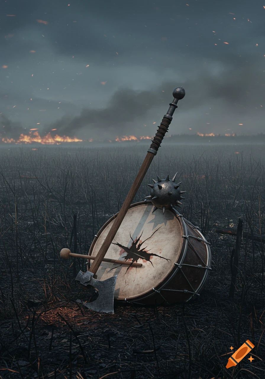A broken marching snare drum with a battle axe and mace rests in a scorched field, fires burning in the distance under a smoky sky.