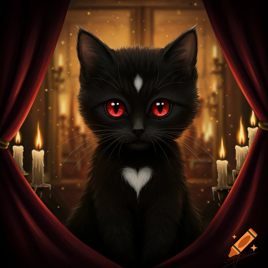 A black kitten with striking red eyes and a white heart on its chest, framed by red velvet curtains, in a dimly lit, candlit room.