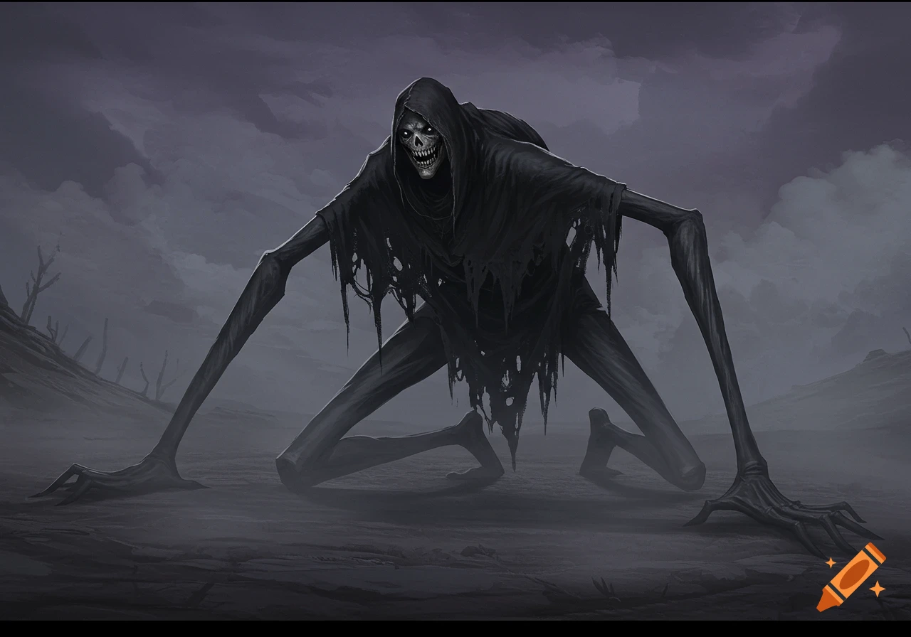 A cloaked skeletal creature with long, thin limbs and fangs grins in a desolate, foggy landscape under a dark sky.