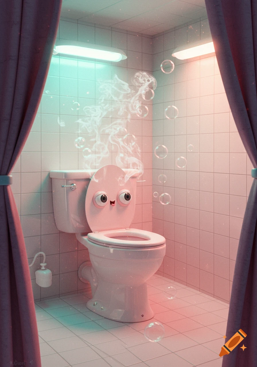 A cartoonish pink toilet with large eyes and a happy expression in a pink and teal-lit bathroom, with steam and bubbles rising.