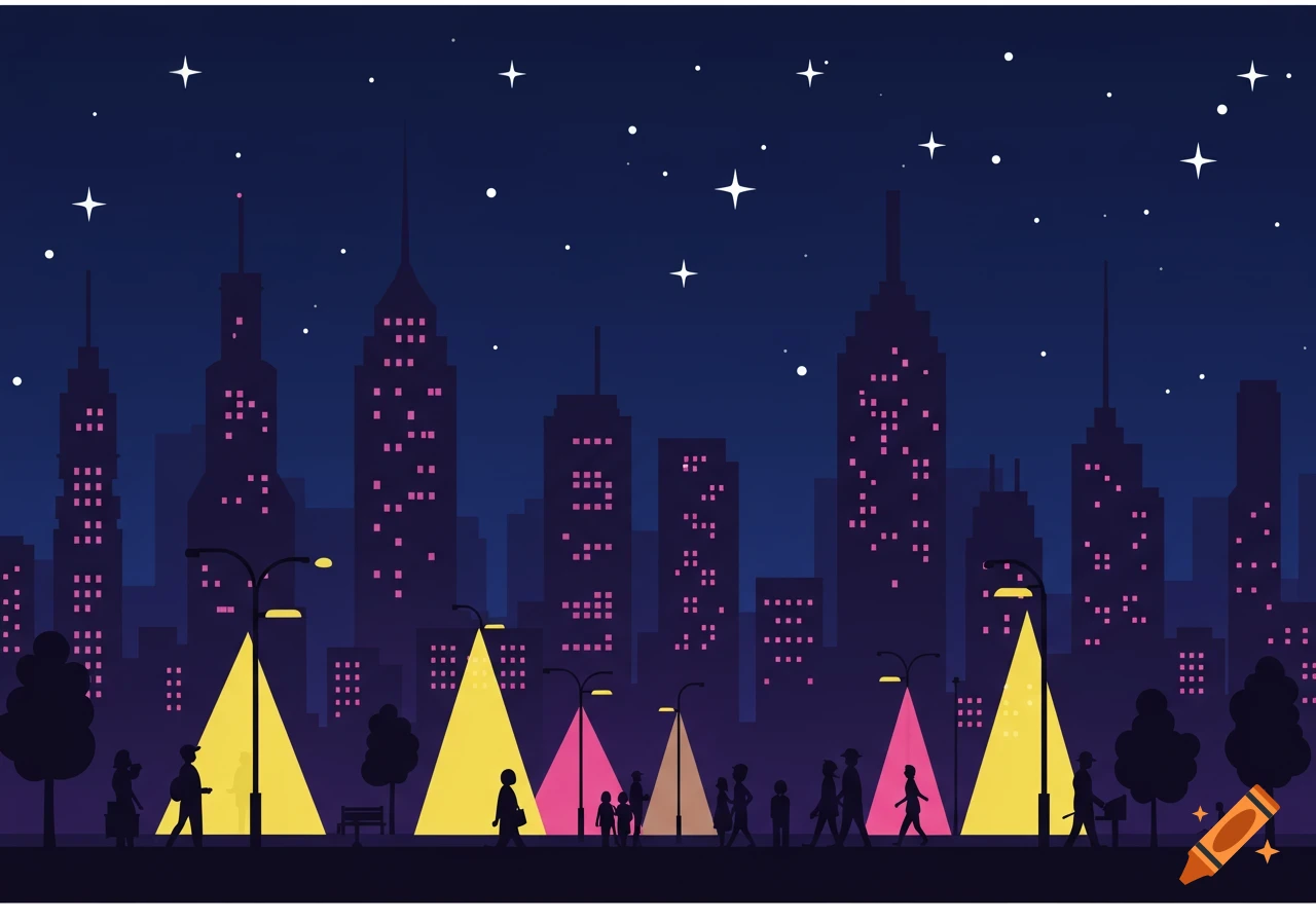 Stylized illustration of a vibrant city at night with towering buildings, people walking under colorful streetlights, and a starry sky.