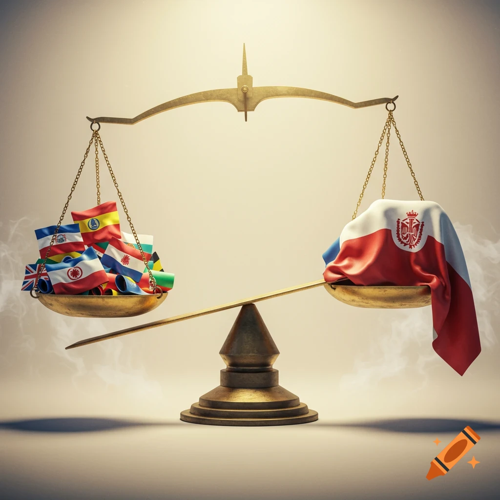 A golden balance scale with many international flags raised on one side and a single red and white flag with a crest lowered on the other.