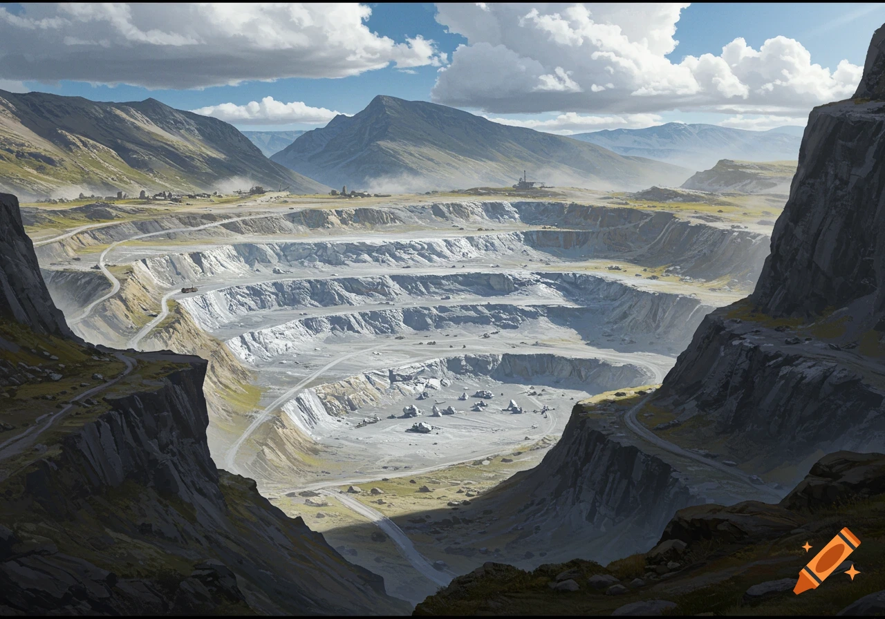 An aerial view of a vast open-pit mine with terraced layers, surrounded by green mountains under a partly cloudy sky.
