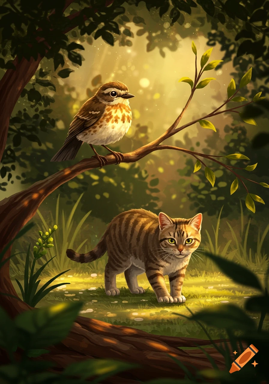 An illustrative painting of a bird perched on a branch looking at a tabby cat in a sun-dappled forest.
