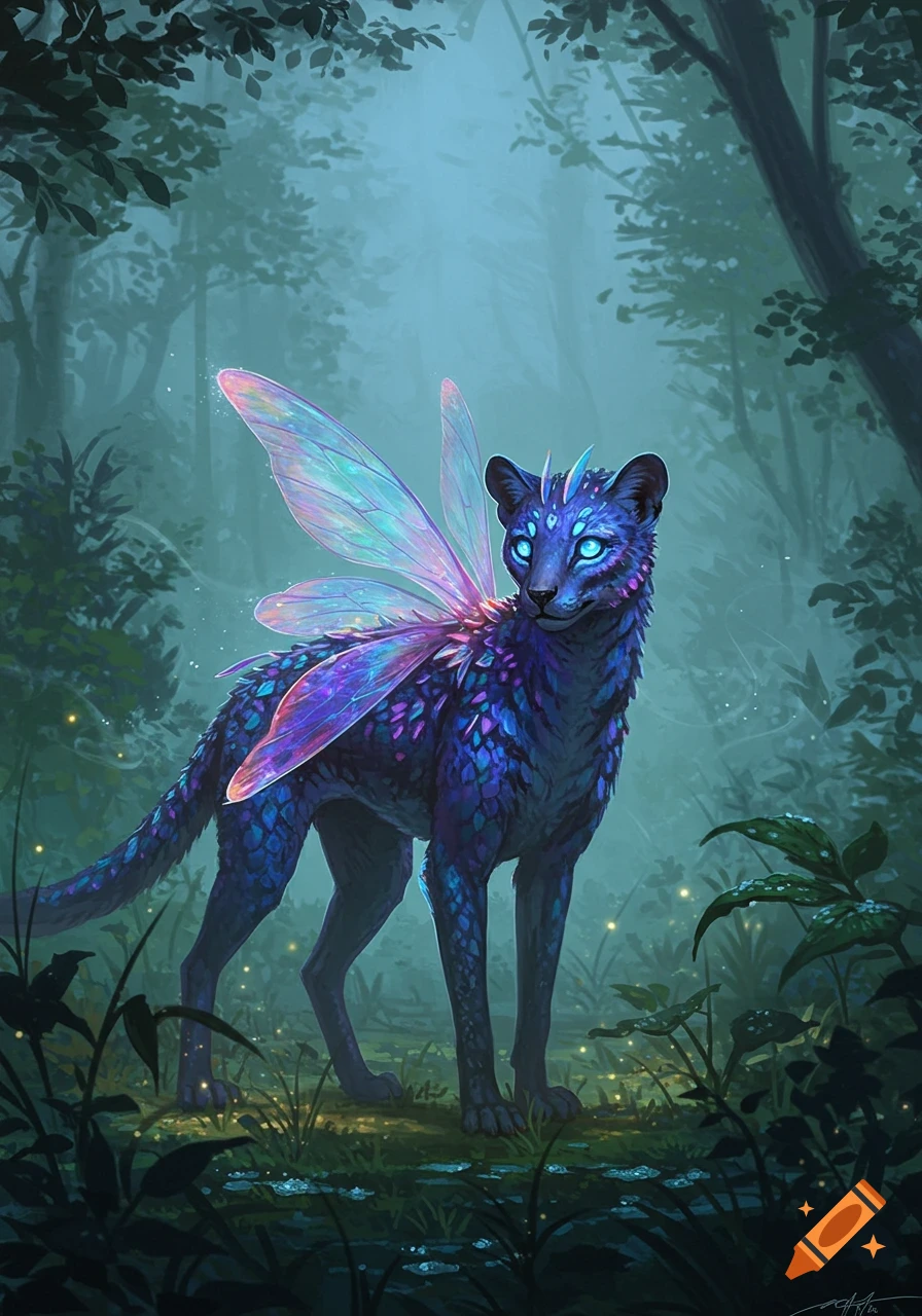 A fantastical bioluminescent feline-like creature with large iridescent butterfly wings stands in a mystical forest.
