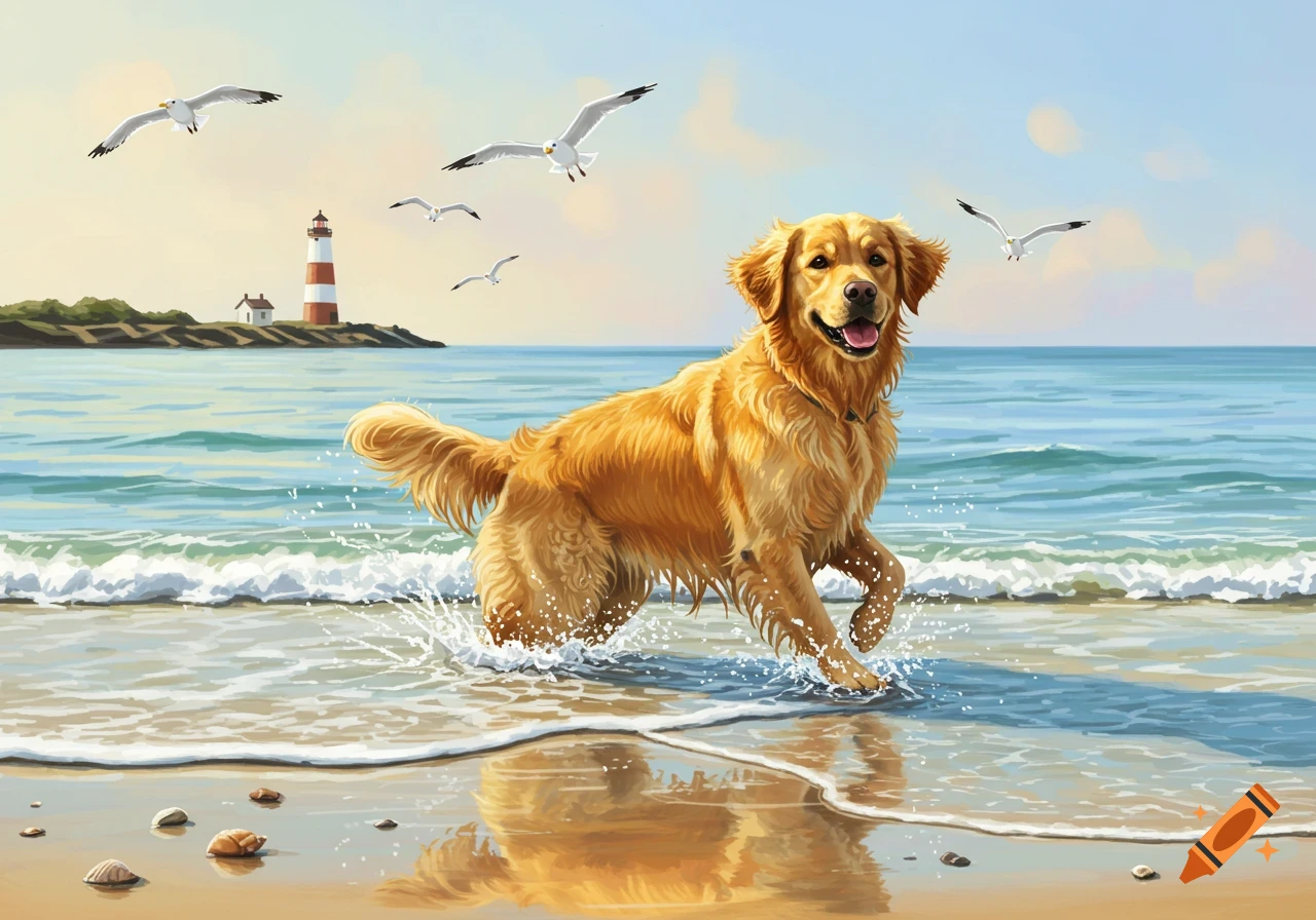A golden retriever dog runs through the shallow ocean waves on a sandy beach, with a lighthouse and seagulls in the background.