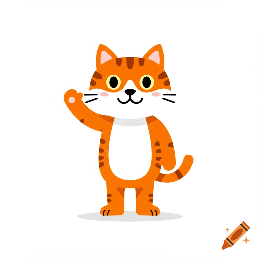 A happy orange cartoon cat with stripes waves hello on a white background.