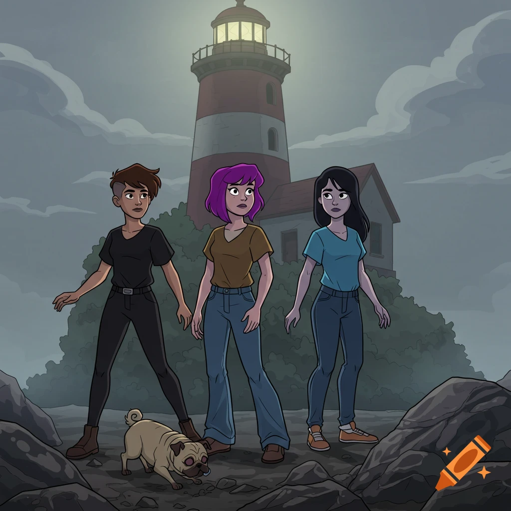 Three cartoon girls and a pug stand on rocky ground in front of a gloomy lighthouse under a grey sky.