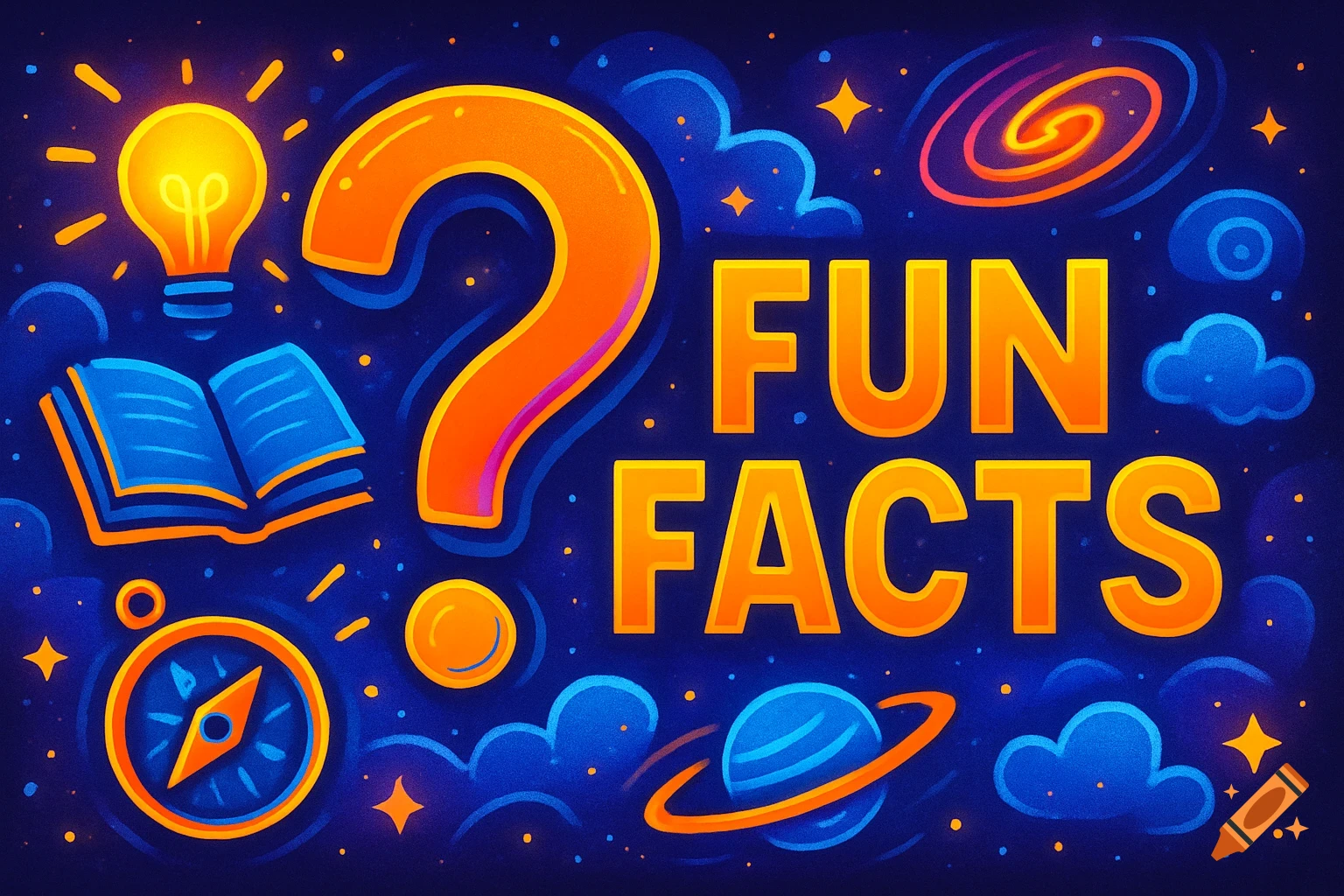 Vibrant cartoon banner for 'FUN FACTS' with a question mark, lightbulb, book, compass, and planets on a starry blue background.