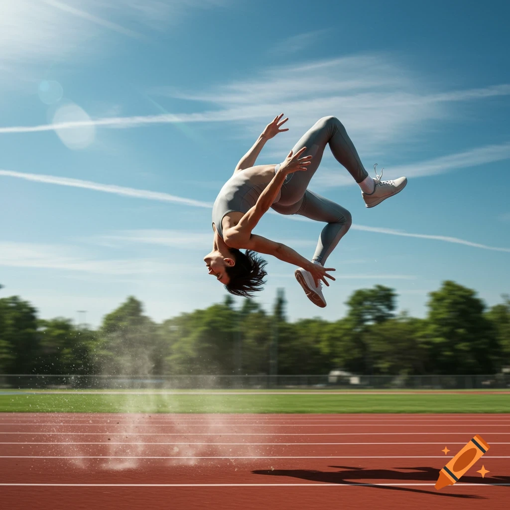 Photorealistic image of an athlete performing a backflip over a red running track under a blue sky.