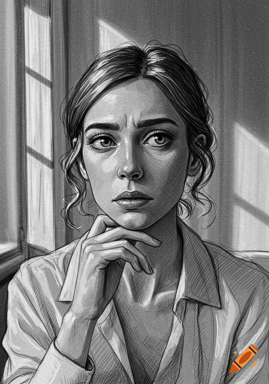 Monochrome sketch drawing of a perplexed woman resting her chin on her hand, with window light.