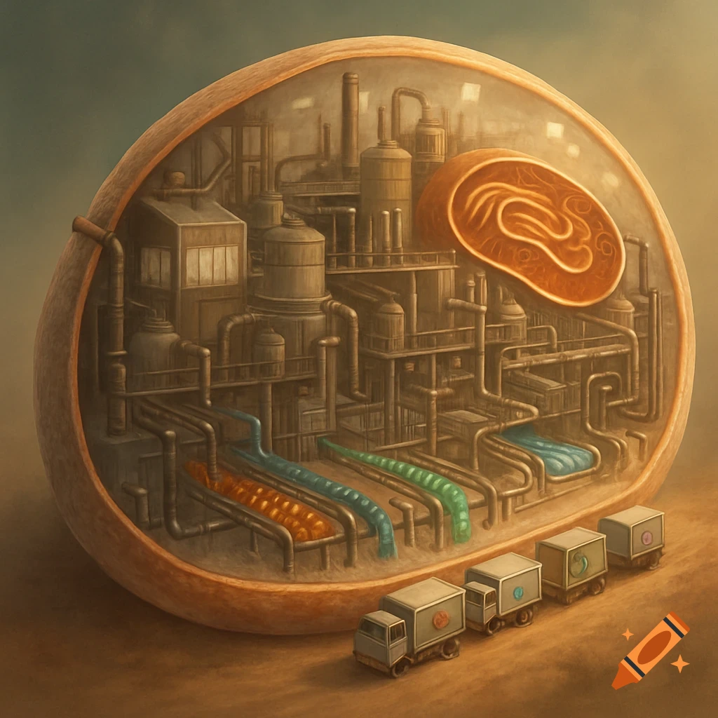 A cross-section of a human cell depicted as an industrial factory with pipes, tanks, and machinery. Small trucks are lined up outside, appearing to supply the cell.