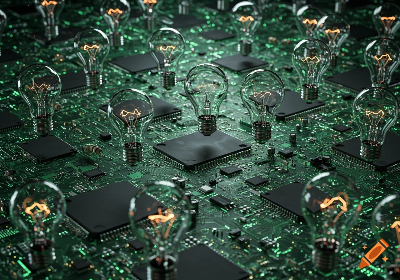 Numerous glowing light bulbs float above a detailed green computer circuit board with microchips.