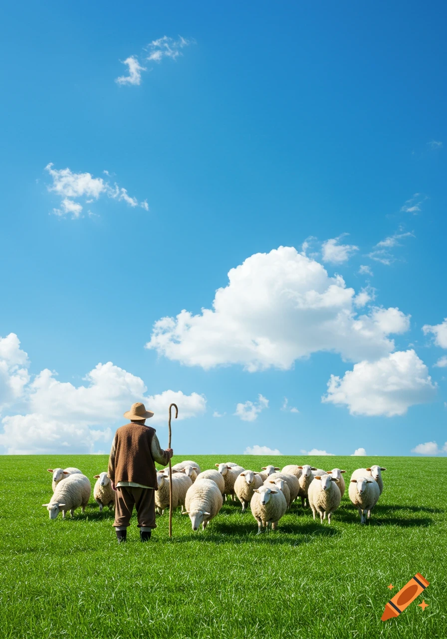 A shepherd with a staff stands among a flock of white sheep in a vibrant green field under a bright blue sky with fluffy clouds.