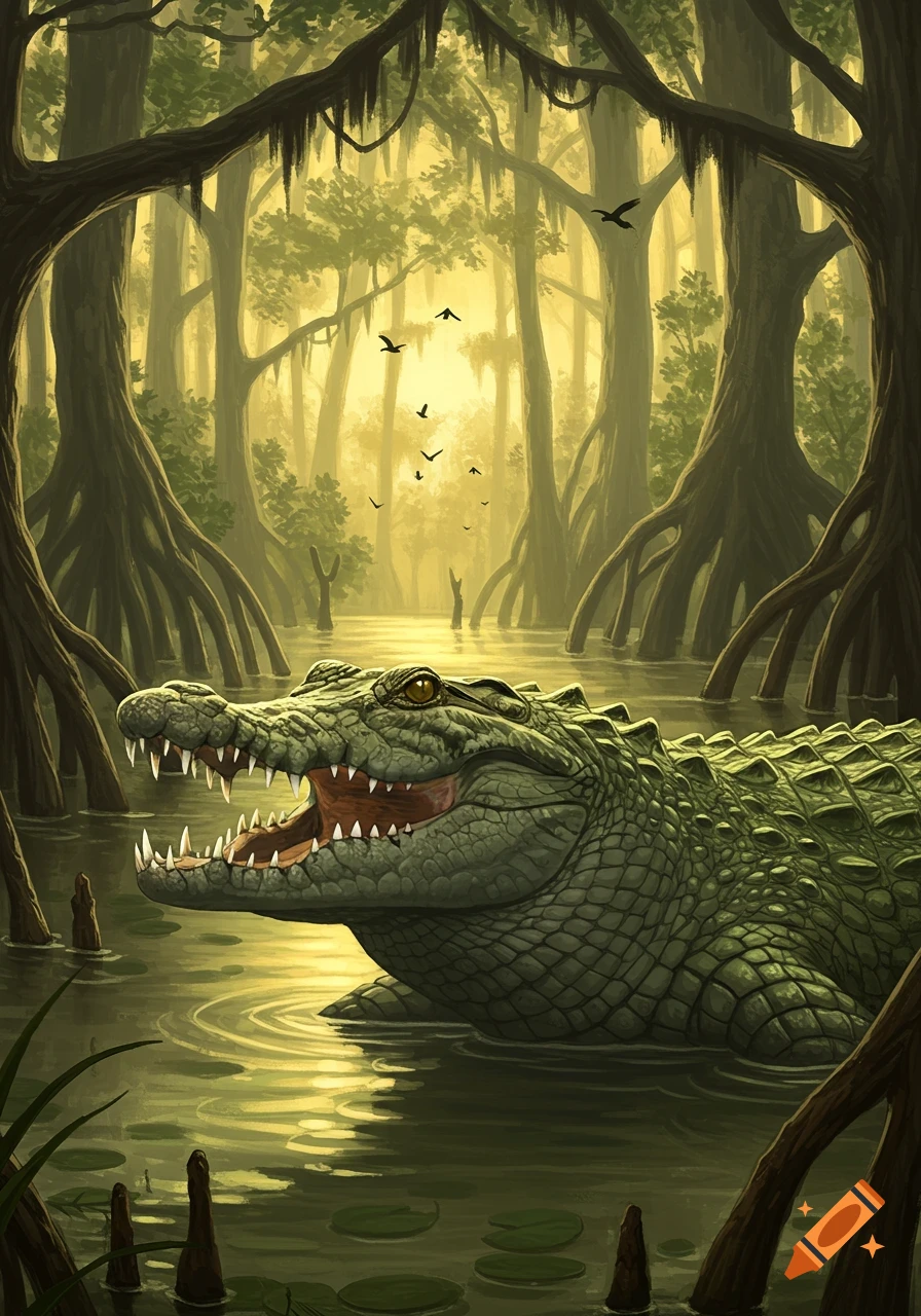 A detailed illustration of a large green crocodile with its mouth open, partially submerged in a sunlit swamp with cypress trees.