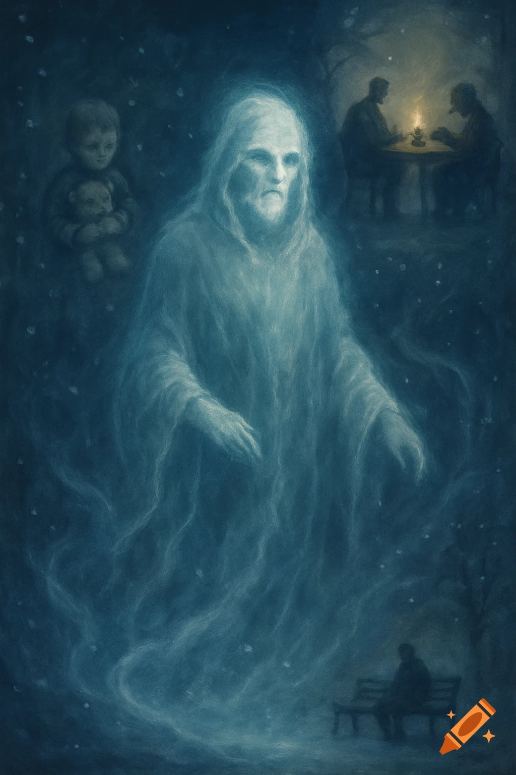 A blue, painterly image of a spectral figure with a child, two men at a table, and a man on a bench, evoking a haunting, ethereal mood.