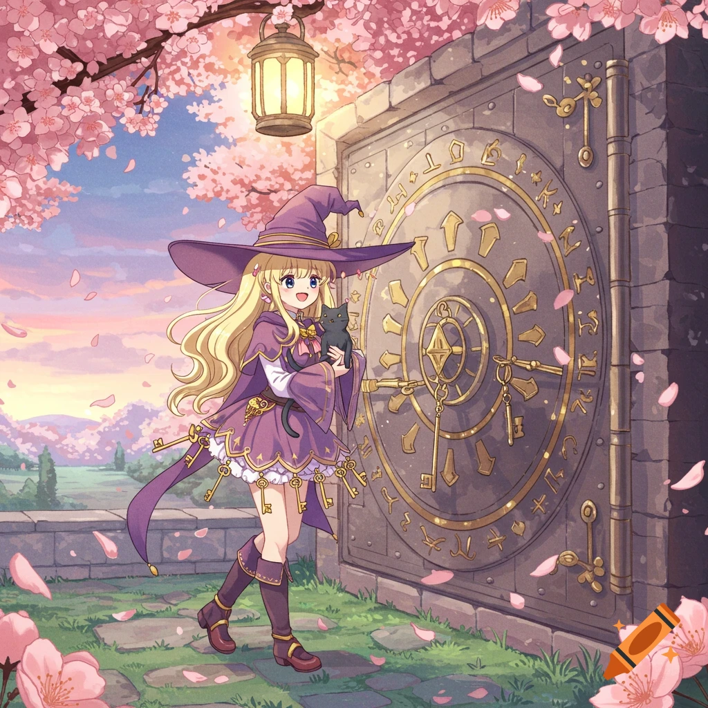 A blonde anime witch in a purple robe adorned with keys, smiling while holding a black cat in front of a large vault door under cherry blossom trees.