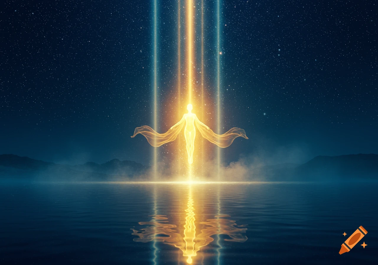An ethereal glowing figure ascends from a body of water into a starry night sky, with light beams and reflections.