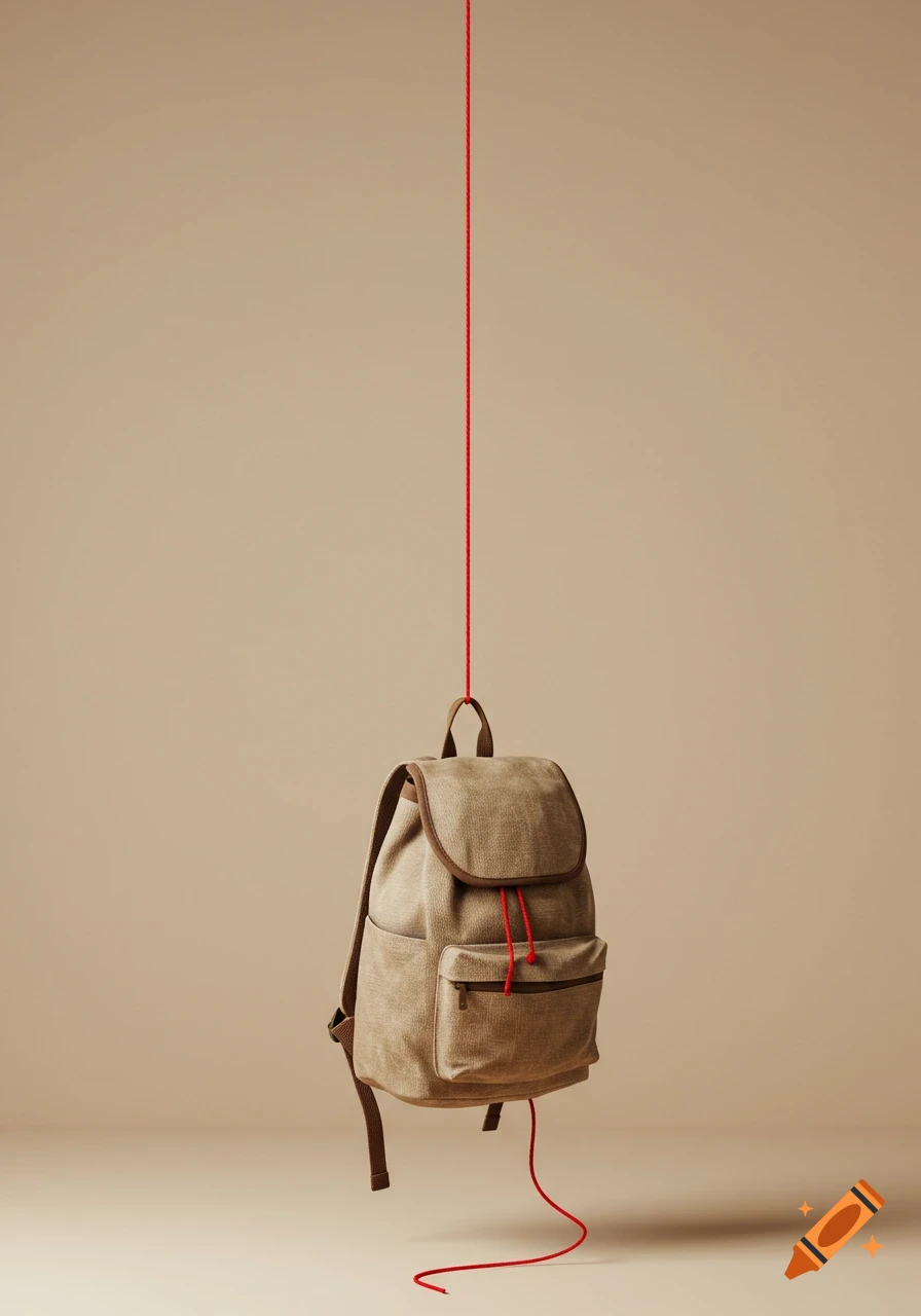 A beige canvas backpack hangs suspended by a single red rope against a minimalist light brown background.