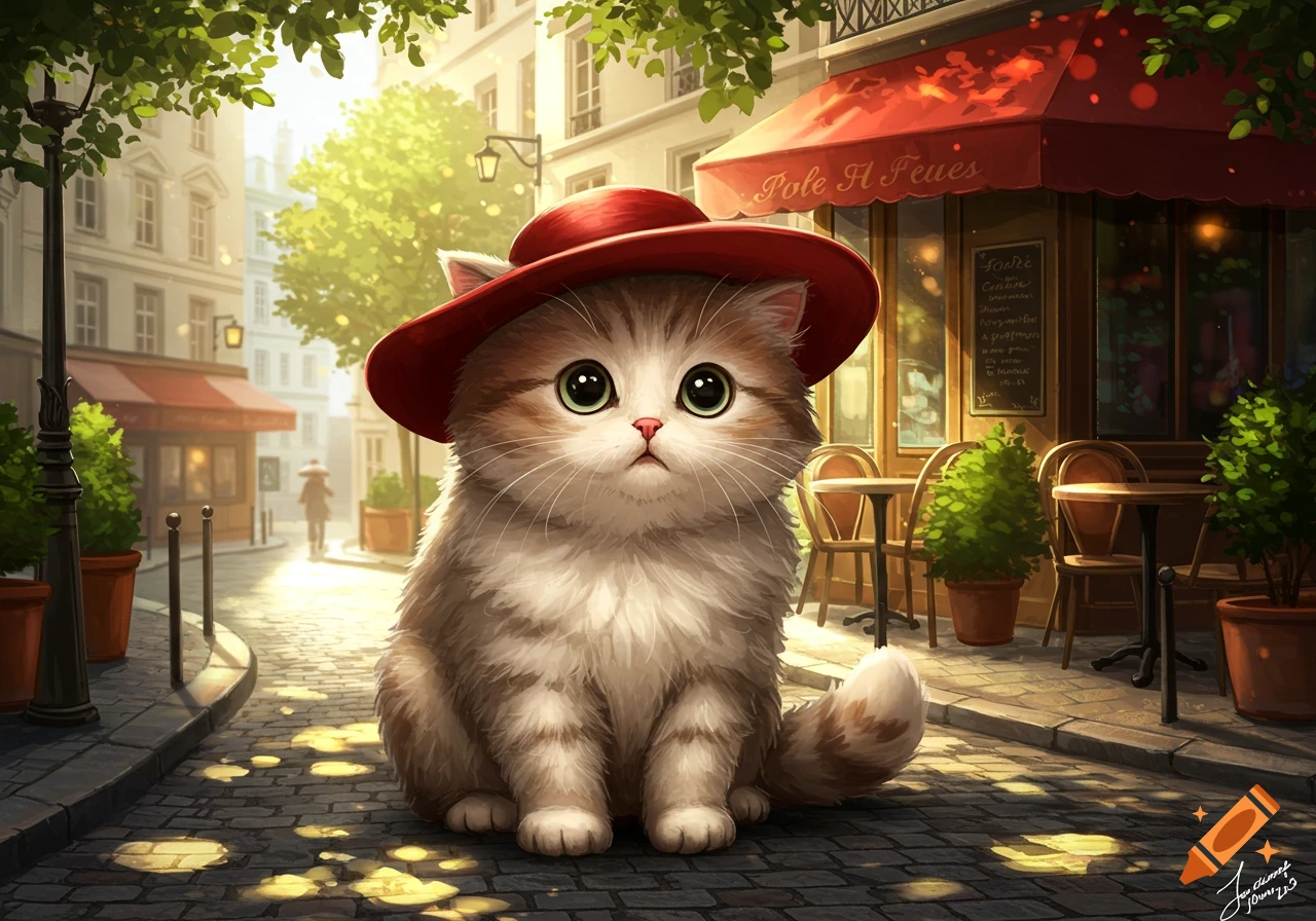 A fluffy, cute cat wearing a red hat sits on a cobblestone street in front of a cafe with a red awning, in an illustrative style.
