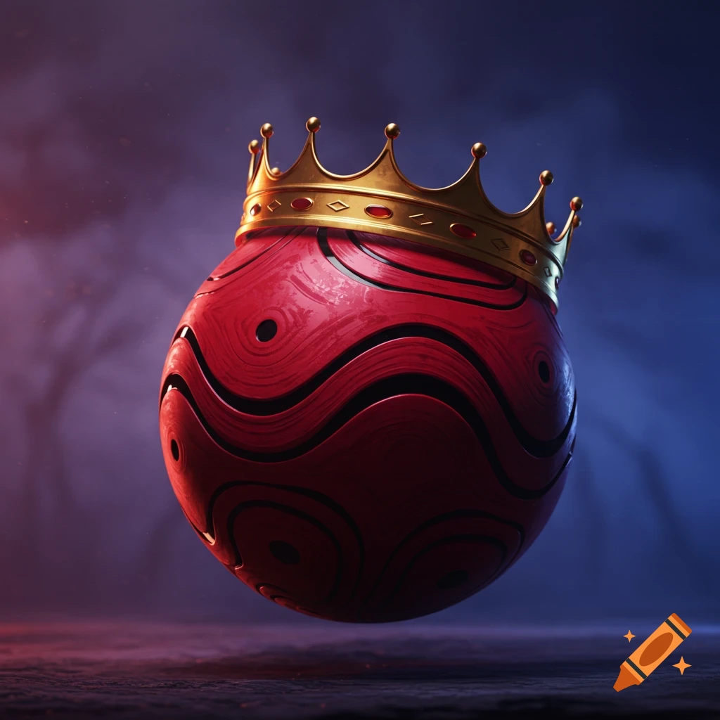 A red spherical object with wavy black lines and circular patterns, wearing a golden crown, floating above a dark surface with a blue and red smoky background.