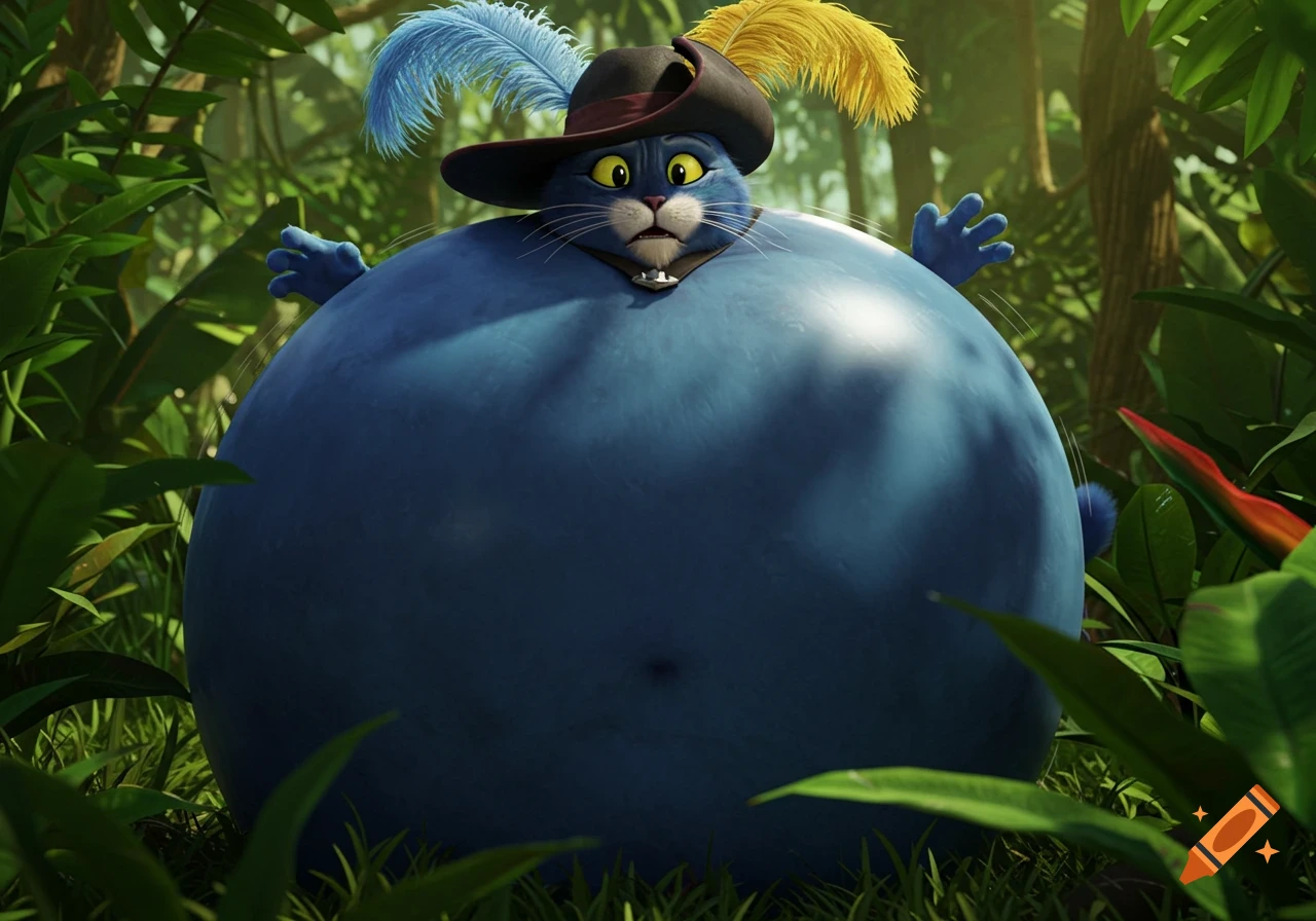 A surprised and frustrated 3D animated Puss in Boots-like cat inflating into a giant blue sphere in a lush jungle.