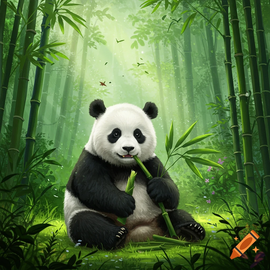 A cute cartoon panda sits in a vibrant bamboo forest, happily eating a bamboo stalk.
