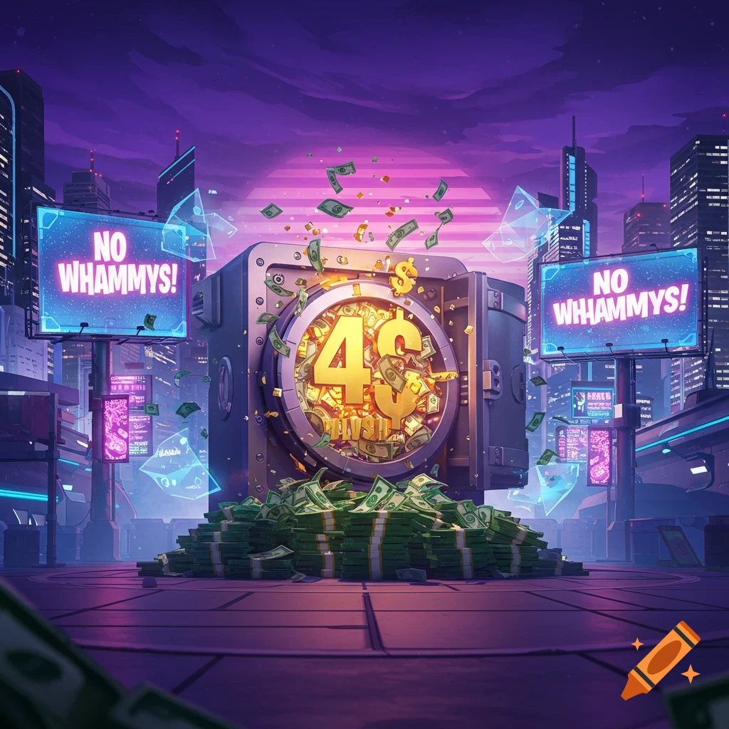 A giant open safe filled with money and a large 4$ symbol sits in a futuristic, neon-lit city with 'NO WHAMMYS!' billboards.