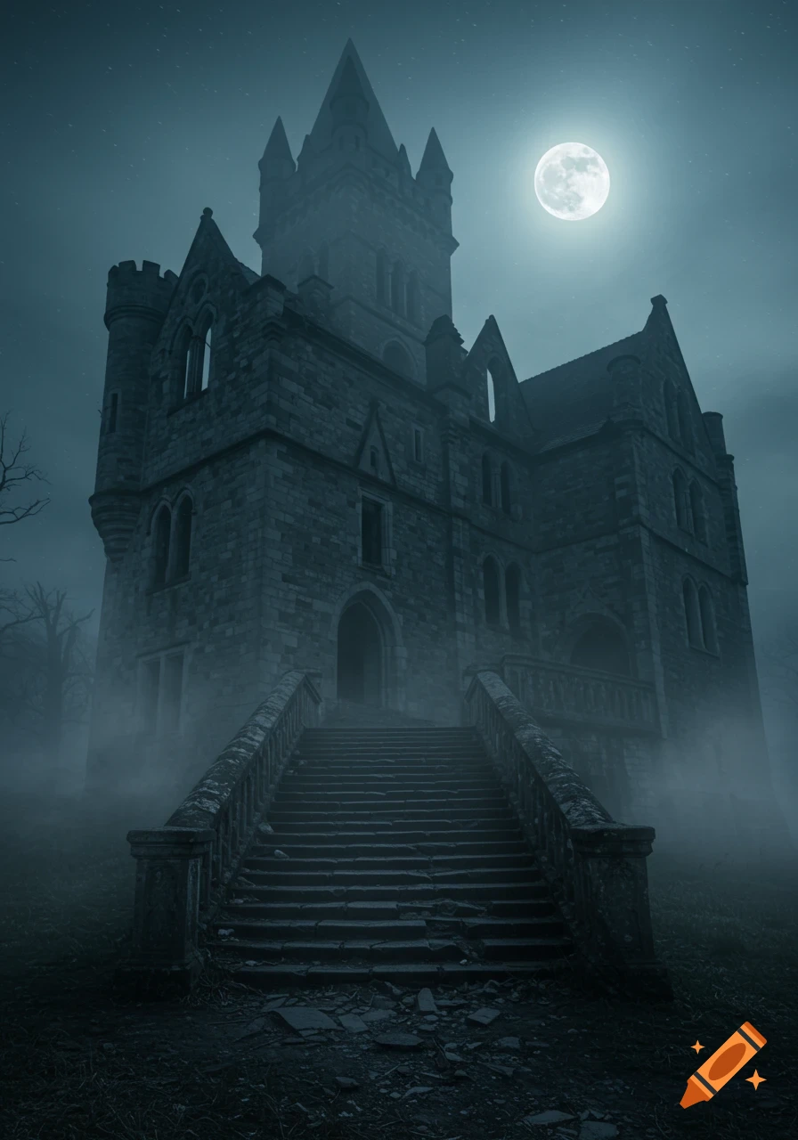An eerie, ruined Gothic castle under a full moon, shrouded in thick fog, with crumbling stone stairs leading to its entrance. Photorealistic.