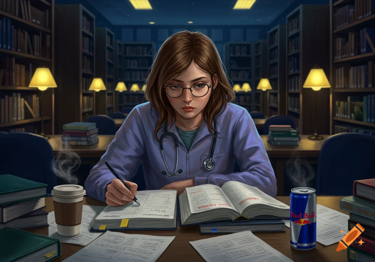 Illustration of a stressed female medical student in glasses studying late in a library with books, coffee, and Red Bull.