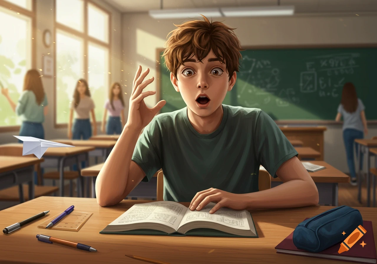A surprised teenage boy with brown hair in a green t-shirt sits at a school desk with an open book, a paper airplane flying nearby, in a sunlit classroom.
