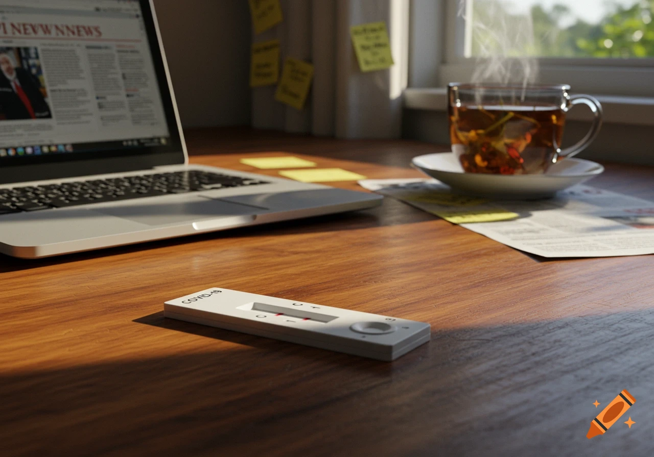 A photorealistic image of a wooden desk with a COVID-19 rapid test kit, an open laptop, and a steaming cup of tea in sunlight.