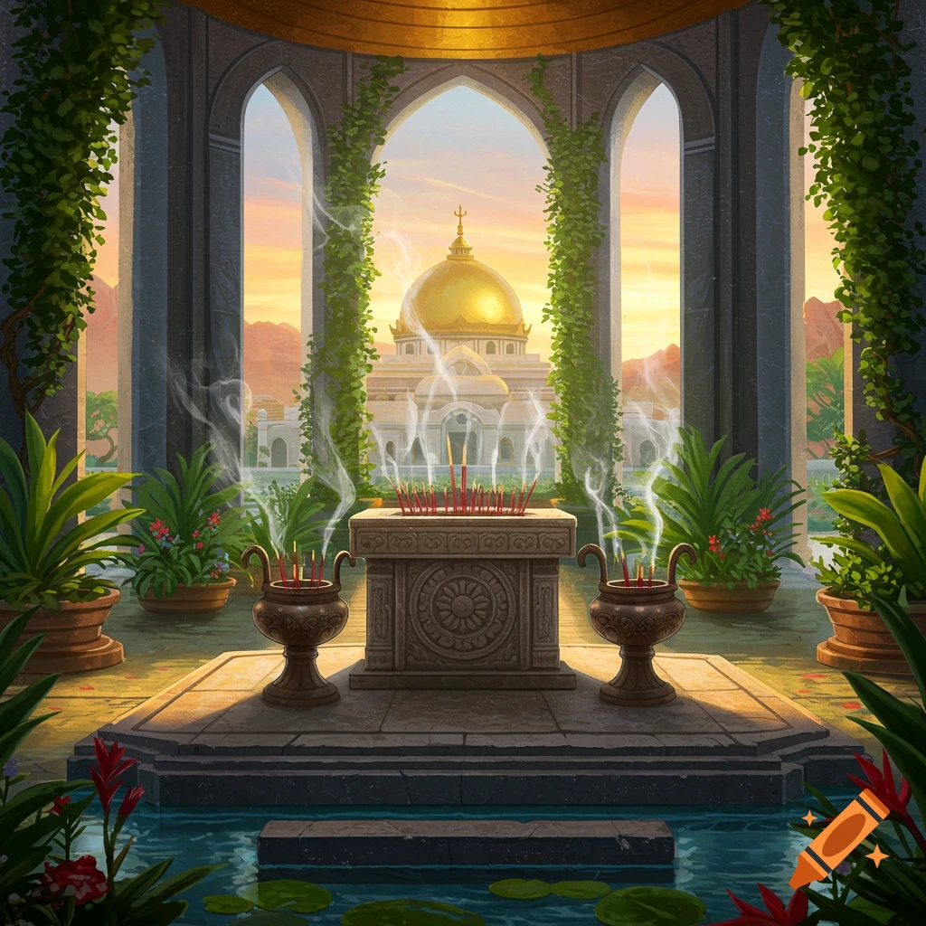 Illustrated view from a temple veranda with vines, potted plants, a stone altar with smoking incense, and a golden-domed building at sunset.