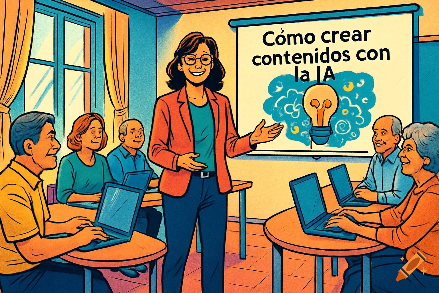 Comic style illustration of a female teacher presenting "How to create content with AI" to adult students using laptops in a classroom.