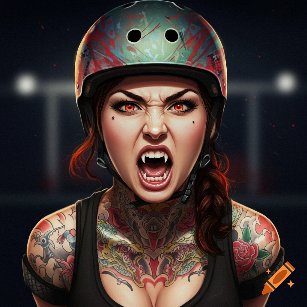 A fiercely screaming, tattooed roller derby girl with vampire fangs, red eyes, and a helmet, rendered in a detailed illustration style.