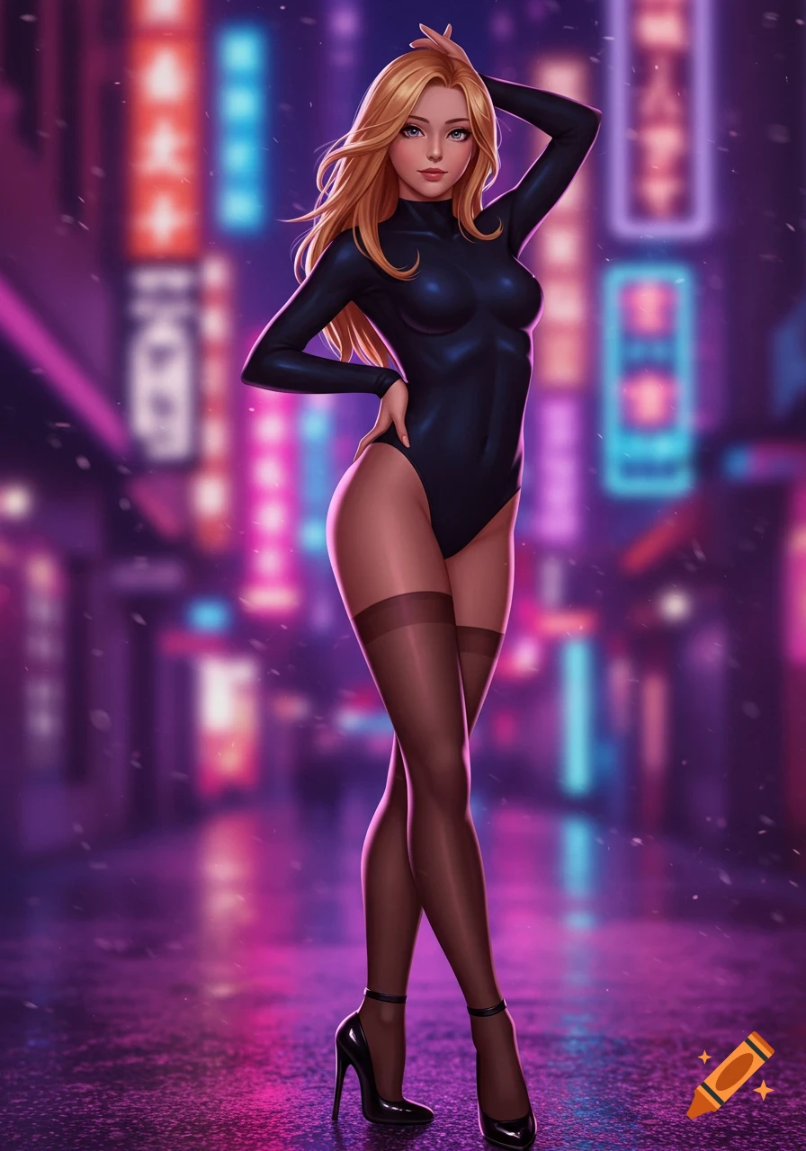 Blonde woman in black leotard, sheer thigh-high stockings, and high heels poses against neon city, digital art.
