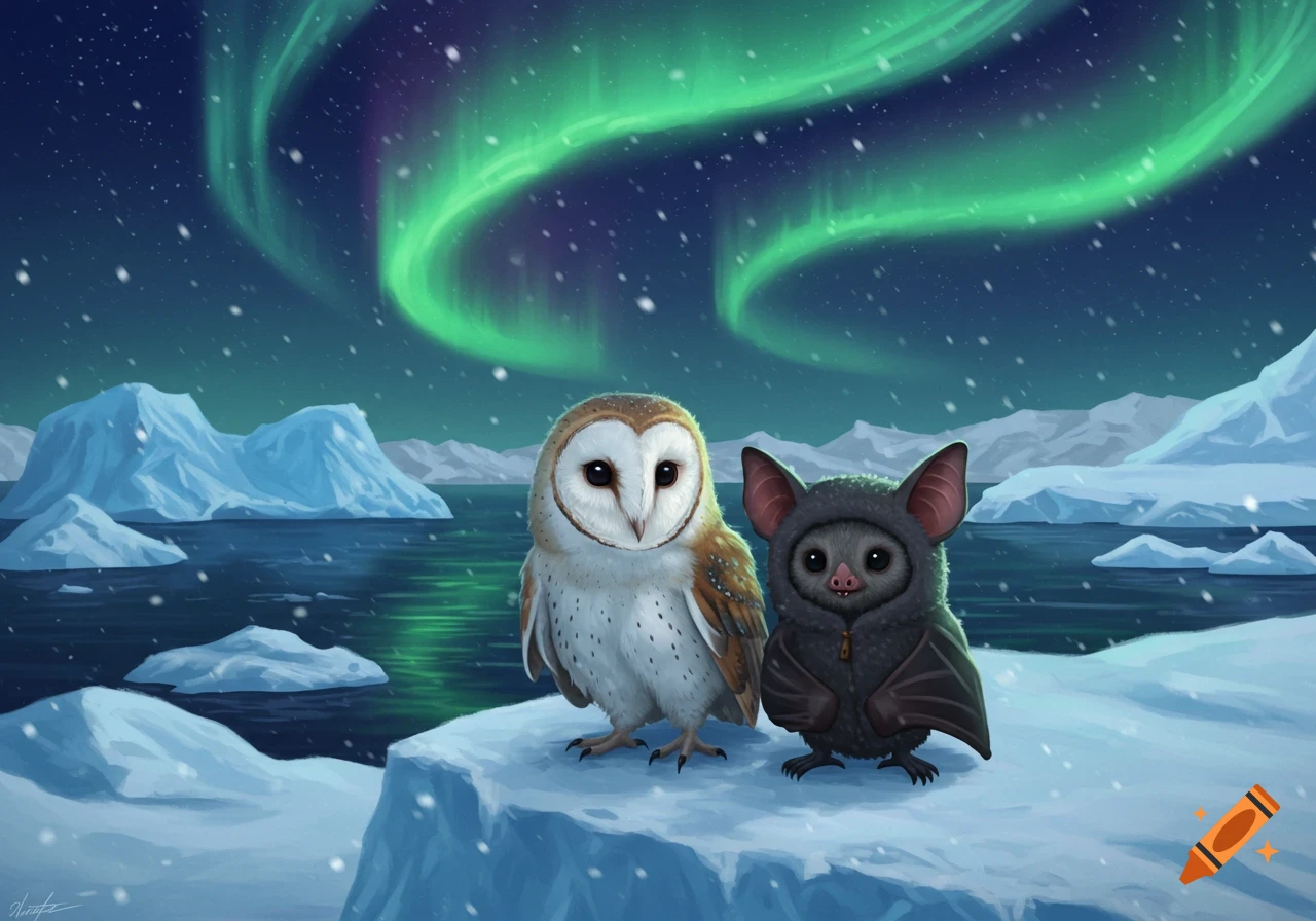 An illustration of a barn owl and a bat on an iceberg under the green Northern Lights in a snowy arctic landscape.